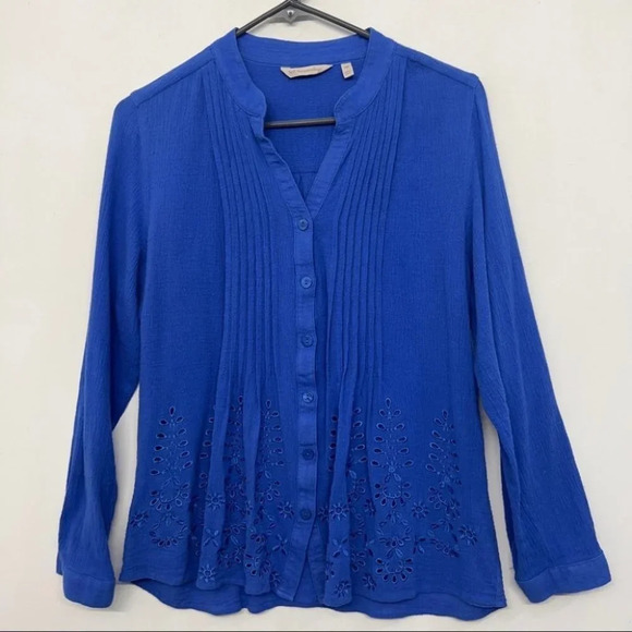 Soft Surroundings PM Blue Button Down Blouse Pintuck Pleated Eyelet Hem - Picture 1 of 5